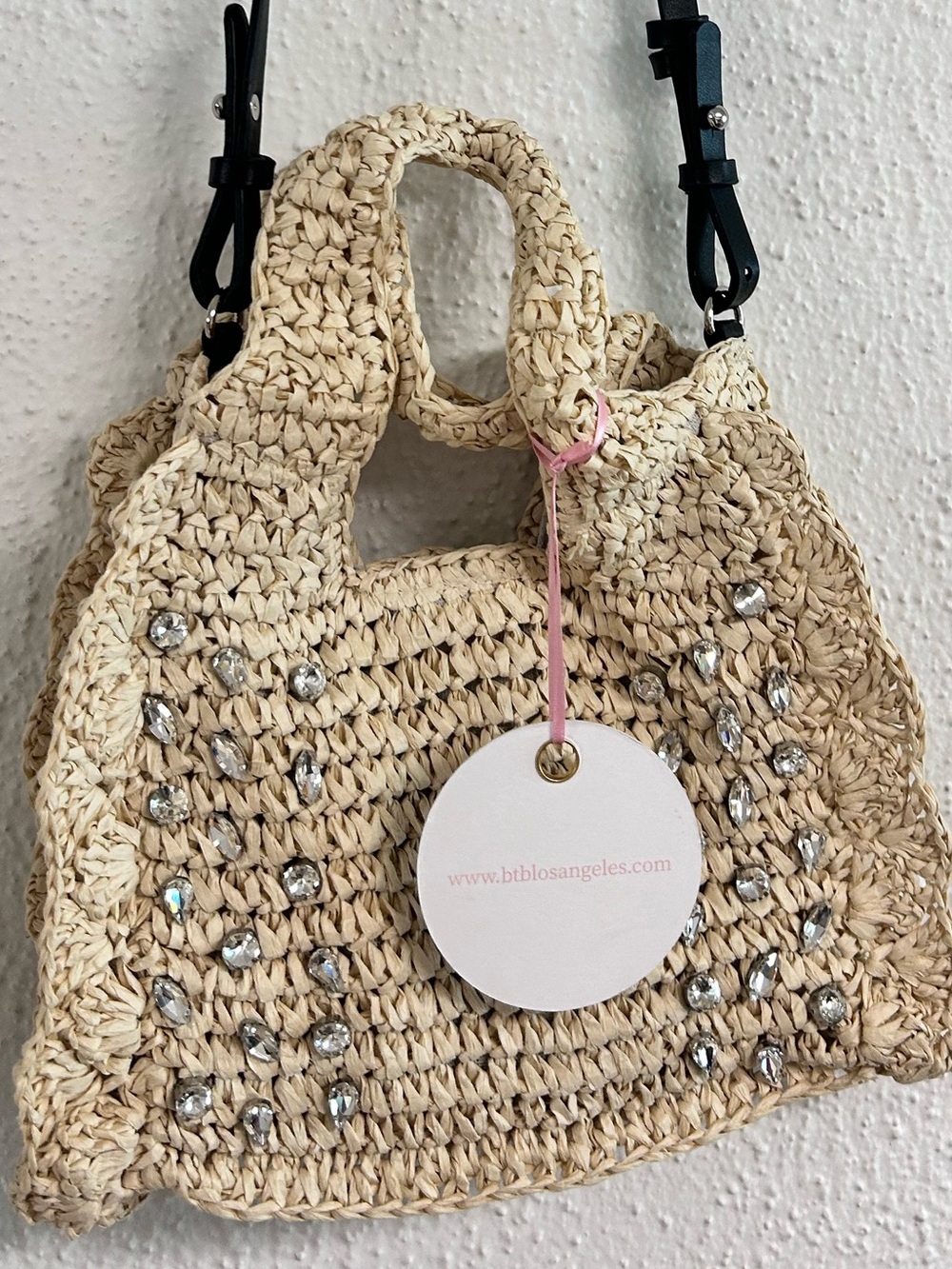 NWT BTB Los Angeles Bardo Crystal Purse Mini Straw Shoulder Tote Raffia Woven